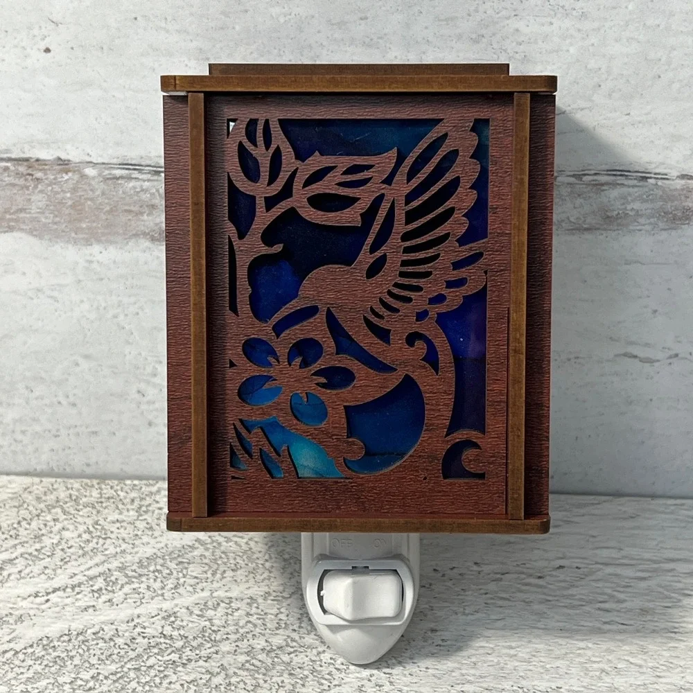 Hummingbird Lantern Night Light Wood Laser Cut Blue Light Plug In‎ Handmade